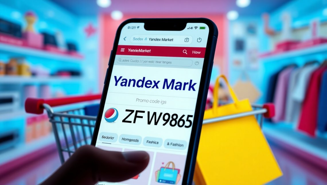 Смартфон с экраном Яндекс Маркет и промокодом ZFW9856 на фоне корзины с товарами