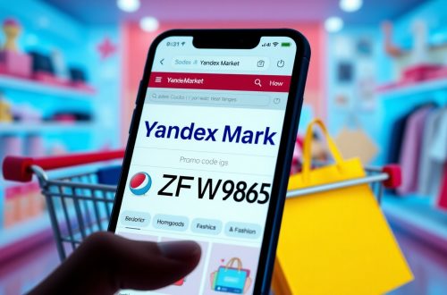 Смартфон с экраном Яндекс Маркет и промокодом ZFW9856 на фоне корзины с товарами